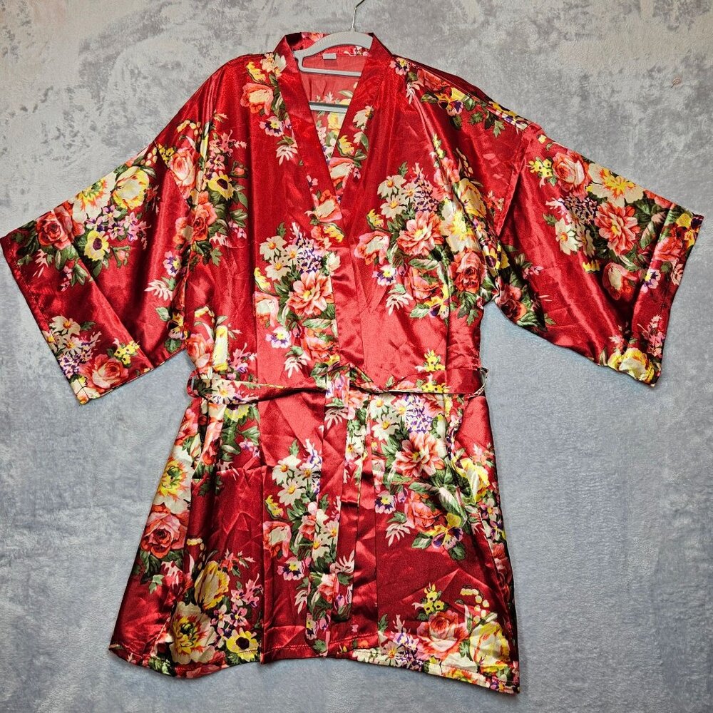 American Cuteness satin  robe Womens L Red Floral inside tie belt Bright loungin